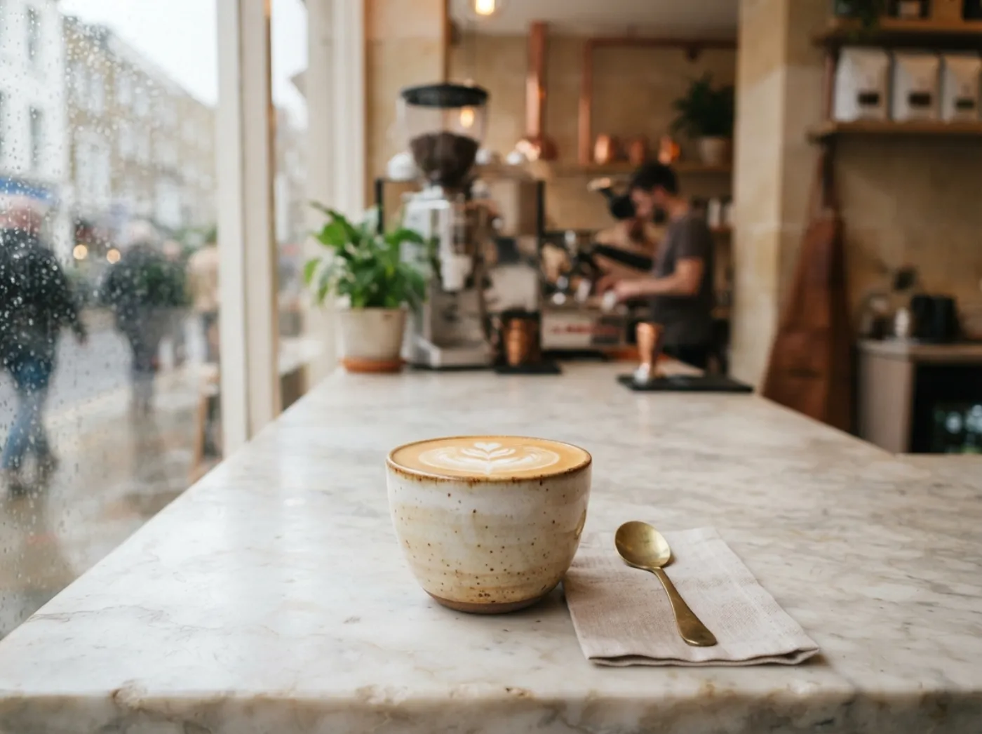 A flat white on a London café counter