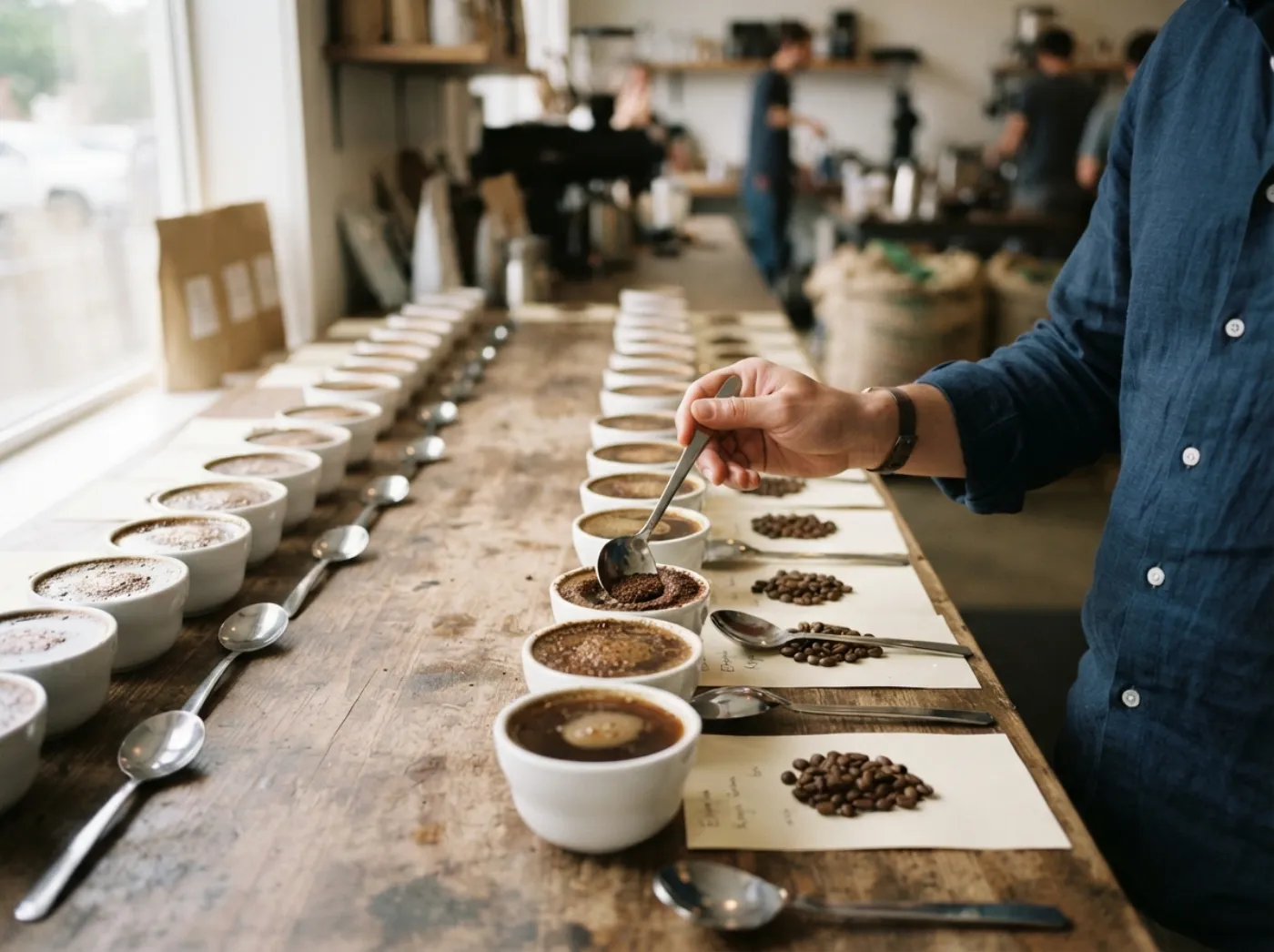 Cupping bowls and spoons laid out on the roastery's tasting table
