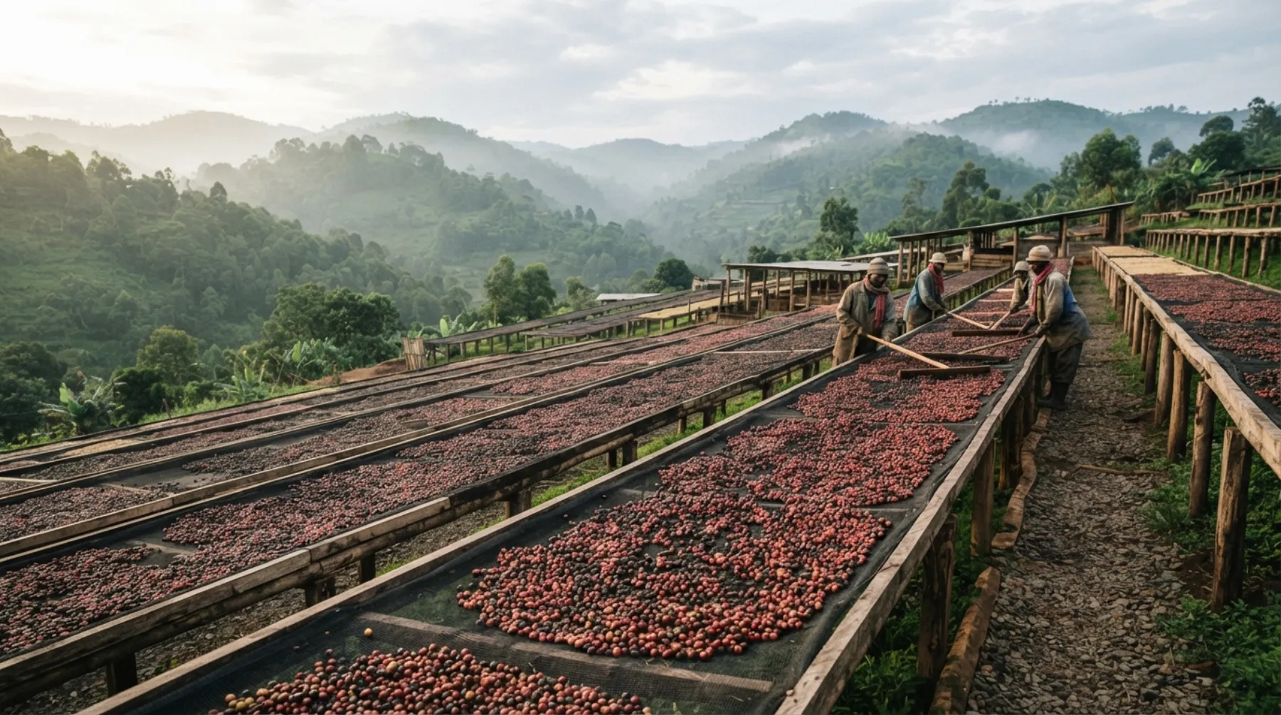 Coffee cherries drying on raised beds at a washing station in the Rwandan hills