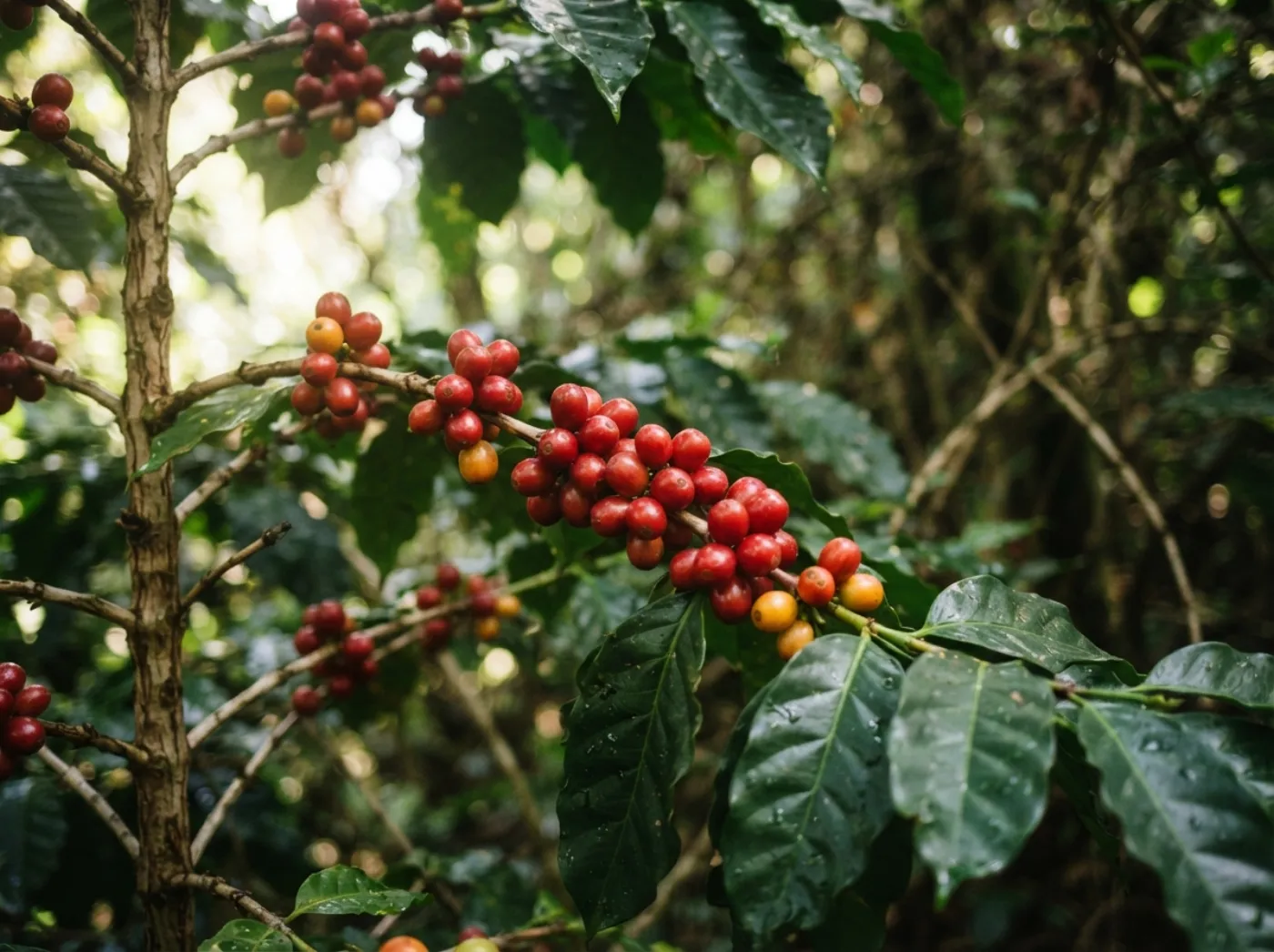 Ripe coffee cherries on a branch under forest canopy