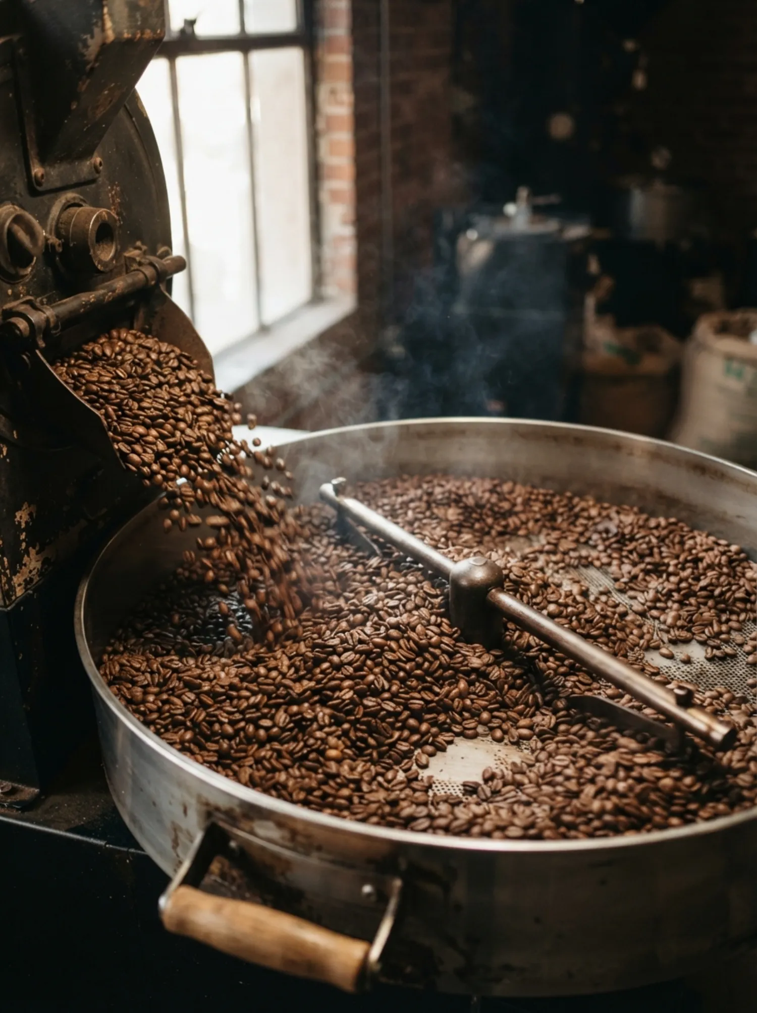 Freshly roasted beans turning in the roaster's cooling tray at the Silvertown roastery