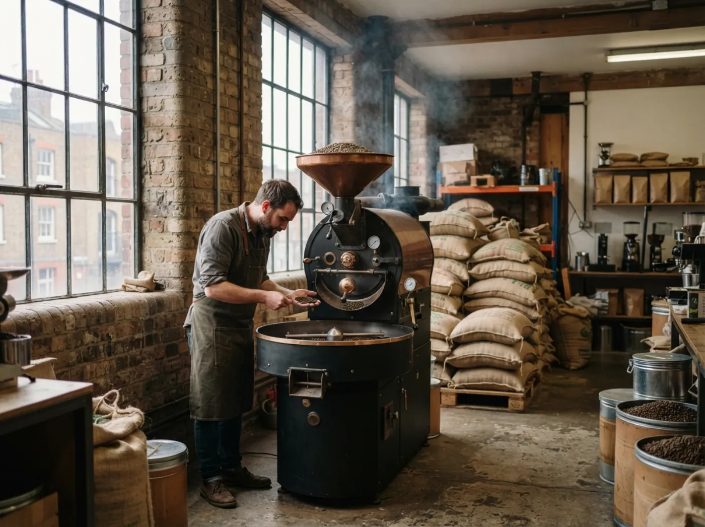The drum roaster inside the Silvertown roastery